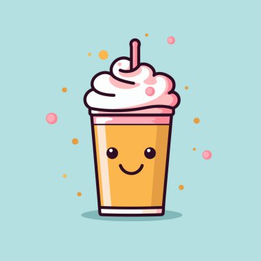 Gülümseyen yüzlü neşeli bir içecek açık mavi bir arkaplanda oturur. Üzerinde renkli baloncuklarla çevrili kremalı krema var. Eğlenceli bir atmosfer yaratıyor..