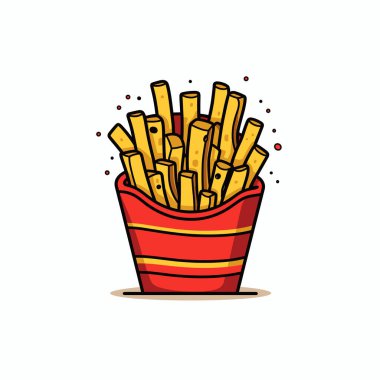 Canlı kırmızı bir konteynırda bol miktarda çıtır, altın patates kızartması var. Patatesler taze pişmiş, davetkar ve lezzetli bir aperatif ya da meze olarak yenmeye hazır görünüyor..