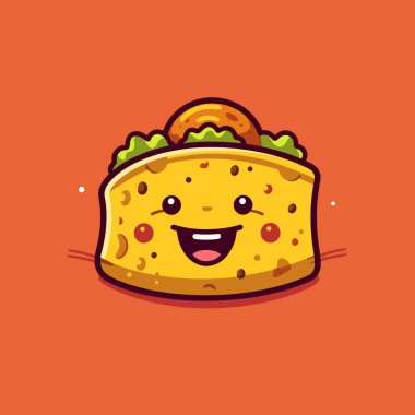 Neşeli bir taco karakteri, renkli malzemelerle süslenmiş gülen bir yüze sahiptir. Parlak turuncu arka plan, dikkat çekmek için mükemmel olan oyuncu tasarımını geliştirir..