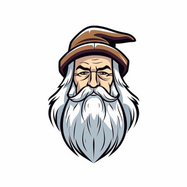 Uzun beyaz sakallı ve kahverengi uçlu şapkalı bilge bir büyücü düşünceli bir şekilde bakıyor. İfadesi, mistik elementlerle çevriliyken bilgi, büyü ve antik bilgelik aktarıyor..