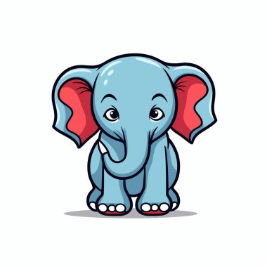 Büyüleyici bir mavi çizgi film fili, büyük kırmızı kulaklı, neşeli bir şekilde oturuyor..