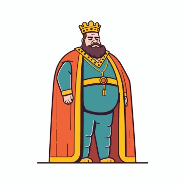 Kendine güvenen bir kral gururla durur, parlak mavi bir elbise, altın bir taç ve kırmızı bir pelerin giyer. Onun kraliyet varlığı, karikatür tarzında otoriteyi ve asaleti simgeler..