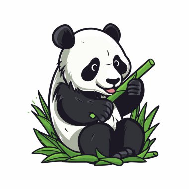 Şirin bir panda çimlerin üzerinde oturmuş, bir parça bambu çiğniyor. Ayırt edici siyah beyaz kürkü var, doğal görünümüne katkıda bulunuyor..