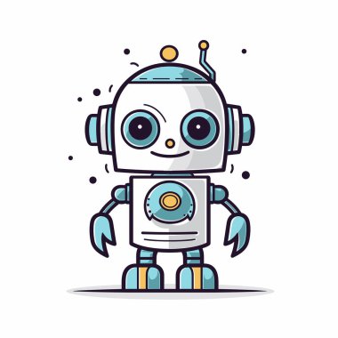 Neşeli bir robot, yuvarlak bir vücudu, büyük gözleri ve metal uzuvları ile dimdik ayakta duruyor. Oyuncu tasarım, arkadaş canlısı bir arkadaşı andıran renkli aksanlar içeriyor..