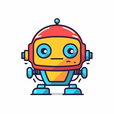 Kırmızı kasklı ve mavi vücutlu neşeli bir robot neşeli bir pozda duruyor. Büyük gözleri merakı iletir, çocuk çizimleri ya da teknoloji temalı projeler için mükemmeldir..