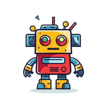 Sarı ve kırmızı dizaynlı neşeli bir robot büyük yuvarlak gözler ve çeşitli antenlere sahiptir. Basit bir arka plana karşı duruyor, oyuncu retro estetiğini sergiliyor.