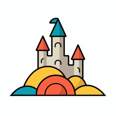 Mavi ve kırmızı kuleleri olan kaprisli bir kale berrak bir gökyüzünün altında canlı, yuvarlak tepelerin arasında yer alır. Neşeli renkler büyüleyici manzaraya neşeli bir atmosfer getiriyor..