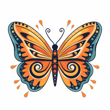 Renkli bir kelebek vitrinleri turuncu ve mavi desenleri karmaşıklaştırır. Kanatları dekoratif noktalar ve girdaplar içeriyor, doğanın güzelliğinin canlı ve sanatsal bir temsilini oluşturuyor..