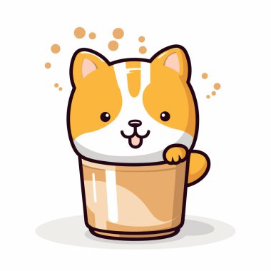 Turuncu ve beyaz işaretli neşeli ve renkli bir çizgi film kedisi bardaktan dışarı bakıyor. Neşeli ifadesi ve büyük, parlak gözleri tapılası bir görsel yaratıyor..