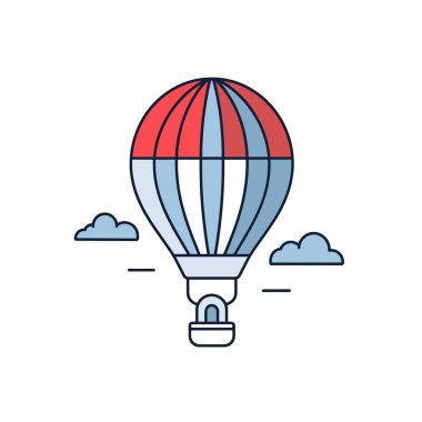 Kırmızı ve mavi çizgili canlı bir sıcak hava balonu parlak bir gökyüzünde yumuşak bulutların üzerinde zarif bir şekilde süzülür ve sabahın erken saatlerinde uçuşun ve maceranın keyfini yakalar..