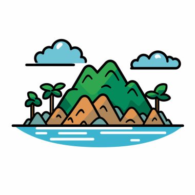 Bereketli dağlar, canlı yeşil tepeler ve kumlu yamaçlarla durgun bir su kütlesinin üzerinde yükselir. Palmiye ağaçları ön planda, tropik bir cennet yaratıyor..