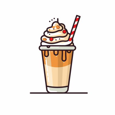 Karamelli içecekle dolu uzun bir bardakta bol miktarda krema rengarenk süsler ve çizgili kamışla süslenir..