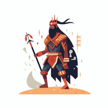Vahşi bir savaşçı kumlu bir yüzeyde güven içinde durur. Karmaşık bir zırh ve dalgalı bir pelerin giymişti. Elinde bir mızrak vardı. Güç ve otorite yayıyordu..
