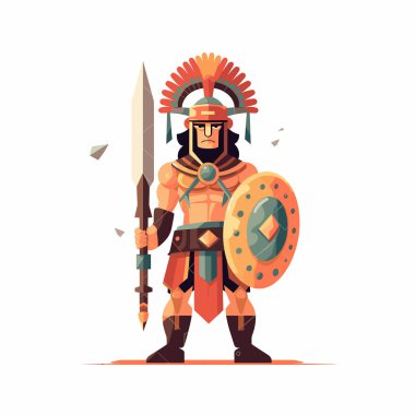 Güçlü bir savaşçı, bir elinde mızrak, diğer elinde de yuvarlak bir kalkan tutarak kendinden emin bir şekilde ayakta durur. Rengarenk detaylarla süslenmiş bir zırh giyiyor ve bir ibikli miğfer takıyor..