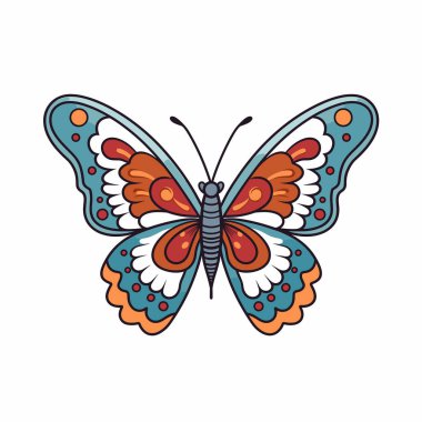 Güzel tasarlanmış bir kelebeğin kanatlarında canlı mavi, turuncu ve beyaz desenler vardır. Bu sanat eseri doğanın güzelliğini ve kelebek anatomisinin zarafetini sergiliyor..