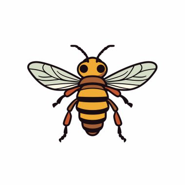 Renkli bir arı, sarı ve kahverengi çizgiler, açık kanatlar ve siyah gözlerle tasvir edilir. Bu illüstrasyon, doğadaki önemini vurgulayarak, arıların farklı özelliklerini vurgular..