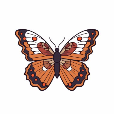 Güzel çizilmiş bir kelebek, eşsiz desenlerle süslenmiş canlı turuncu ve beyaz kanatlara sahiptir. Sanat eserleri, kelebeğin tasarımının hassas ayrıntılarını ve simetrisini vurgular..