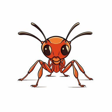 Canlı turuncu ve siyah özelliklere sahip çizgi film tarzı bir karınca beyaz arka planda belirgin bir şekilde duruyor. Büyük gözleri ve detaylı bacakları büyüleyici bir görünüş yaratır..