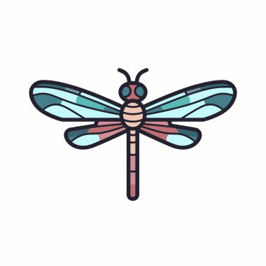 Bir yusufçuk sineğinin detaylı bir çizimi. Canlı mavi ve kırmızı renkler ve eşsiz bir desen. Böcek zarif görünüyor ve düz bir arkaplana karşı simetrik olarak konumlandırılmış..