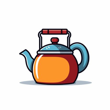 Turuncu gövdeli ve mavi kapaklı canlı bir çaydanlık basit bir arka planda sergilenir. Bu mutfak eşyaları her türlü ev dekoruna neşe katıyor. Çay severler ve dekorasyon için mükemmel..