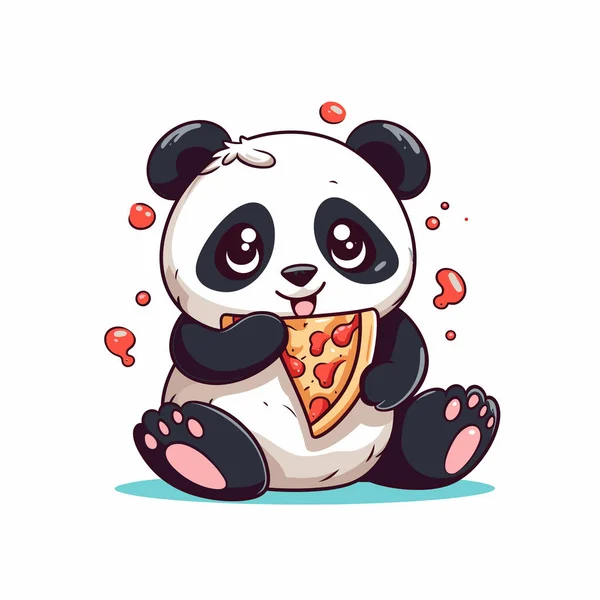 Neşeli bir panda canlı kırmızı damlacıklarla çevrili bir dilim pizzayı yer. Panda neşeli ve mutlu görünüyor, eğlenceli ve kaprisli bir an sergiliyor..