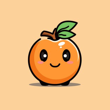 Kocaman gözleri ve gülüşü olan neşeli bir turuncu çizgi film karakteri açık bej arka planda oturuyor. Turuncunun üzerinde yeşil bir yaprak var..