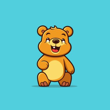 Sevimli, gülümseyen bir çizgi film ayısı dik duruyor ve neşeli ifadesini sergiliyor. Ayı, parlak mavi bir zemin üzerine kurulu, altın-kahverengi bir kürk ve neşeli bir tavır sergiliyor..