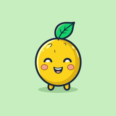 Gülümseyen ve pembe yanaklı neşeli bir limon karakteri iki küçük ayak üzerinde duruyor. Üzerinde tek bir yeşil yaprak var, yumuşak yeşil bir zemin ile tezat oluşturuyor..