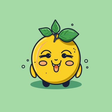 Neşeli bir limon karakteri açık yeşil bir arka plana karşı duruyor, büyük bir gülümsemesi, neşeli gözleri ve küçük elleri var. Canlı sarı rengi ve yeşil yaprakları taze bir dokunuş ekler..