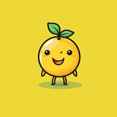 Neşeli bir limon karakteri canlı sarı bir arka planın ortasında duruyor. Limonun gülümseyen bir yüzü, minicik kolları ve bacakları ve kafasının üstünde neşe saçan yeşil bir yaprağı var..
