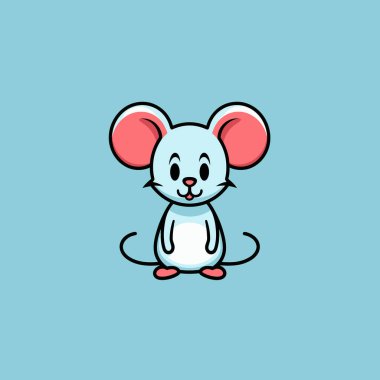 Çekici bir çizgi film faresi dostça bir ifadeyle dimdik ayakta duruyor. Geniş pembe kulakları ve yuvarlak vücut kontrastı açık mavi arka planda neşeli bir atmosfer yaratıyor..