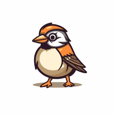 Neşeli bir kuş karakteri parlak turuncu ve beyaz tüylerle tasvir edilir. Dik durur, yuvarlak vücudunu ve neşeli ifadesini gösterir..