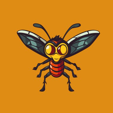 Canlı bir çizgi film arısı turuncu arka planda duruyor. Büyük sarı gözler, çizgili bir vücut ve neşeli ve dostane bir titreşim taşıyan ayrıntılı kanatlara sahiptir..