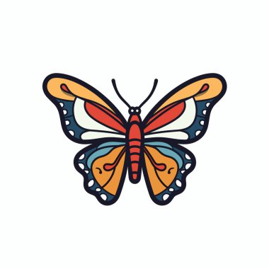 Canlı bir kelebek tasarımı ayrıntılı desenler ve parlak renkler sergiler. Sanat eserleri, kelebeğin hassas kanatları ve özelliklerini vurgulayarak turuncu, mavi ve kırmızı renkleri vurguluyor..