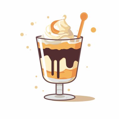 Çikolata ve vanilya tabakalarının üzerinde krema kıvrımlı cazip bir tatlı gösterisi. Cam renkli bir kaşıkla süslenir, hoşgörü uyandırır..