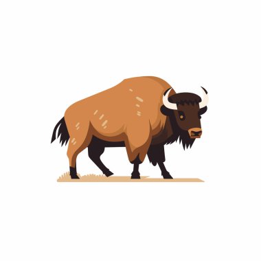 Çizgi roman tarzı bir bizon, güçlü fiziği ve ayırt edici özelliklerini sergileyerek çimenli bir alanda yürüyor. Canlı renkler tüylü kürkünü ve kıvrımlı boynuzlarını vurguluyor..