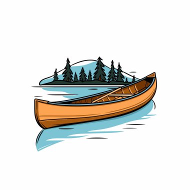 Ahşap bir kano, yemyeşil çam ağaçları ve dingin bir dağ zeminiyle çevrili suyun yüzeyinde nazikçe dinlenir. Sakin sular huzur ortamını yansıtır..