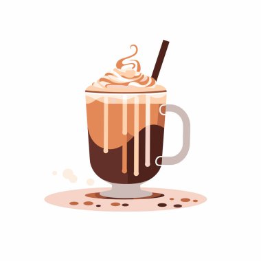 Bu vektör illüstrasyonunda krem şanti ve zengin çikolata kıvrımlı bir kahve içeceği tasvir ediliyor. Açık arkaplanda şeffaf bir kupa var, davetkar görünümünü arttırıyor..