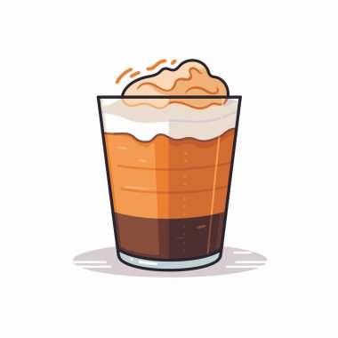 Bu vektör illüstrasyonunda temiz bir bardaktaki katmanlı kahve içeceği gösteriliyor. İçkinin üzerinde krem şanti ve karamel kıvrımları ile zengin kahverengi renkleri var, kahve severler davet ediliyor..