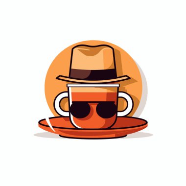 Büyük boy güneş gözlüğü takan ve fincan tabağında dinlenen, parlak, basit bir arkaplan üzerine kurulmuş şık bir şapka takan tuhaf bir çay fincanı tasviri..