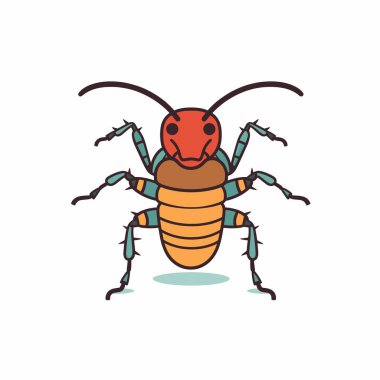 Bu grafik canlı kırmızı kafalı, turuncu vücutlu ve mavi bacaklı stilize bir böcek gösteriyor. Tasarım basit ama göz alıcı, eğitici ve yaratıcı projeler için mükemmel..