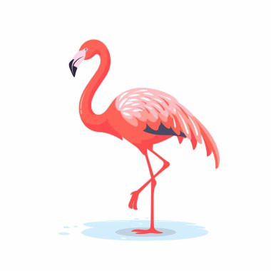 Canlı bir flamingo sığ suda bir bacağının üzerinde zarifçe durur. Yaratık parlak pembe tüyler sergiliyor. Huzurlu bir ortamda zarafetini ve güzelliğini gösteriyor..