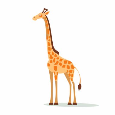 Uzun boylu, desenli ceketli bir zürafa dik duruyor, uzun boynunu ve nazik bakışlarını gösteriyor. Vektör tasarımı düz çizgiler ve parlak renkler içerir, oyuncu bir görünüm oluşturur.