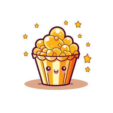 Patlamış mısır kovasının canlı ve eğlenceli bir temsili. Sarı patlamış mısır çekirdekleri ile dolup taşıyor. Neşeli yüz ifadesi, neşeli bir his için ışıldayan yıldızlarla çevrili bir cazibe katar..