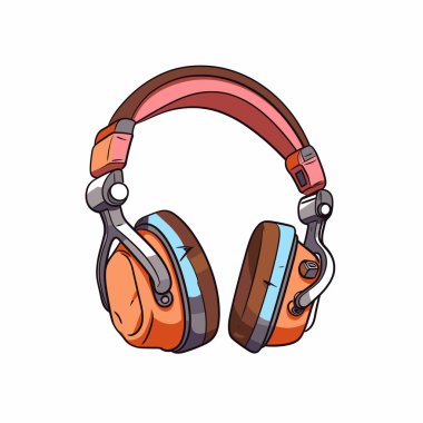 Bu vektör illüstrasyonunda canlı bir renk şemasına sahip şık bir kulaklık sergileniyor. Tasarım modern estetiği vurgulayarak turuncu, pembe ve mavi elementlerin bir kombinasyonunu vurguluyor.