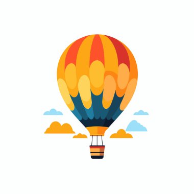 Canlı bir sıcak hava balonu kabarık bulutlarla benekli açık mavi bir gökyüzüne yükselir. Balonda turuncu, sarı ve mavi renkli kalın çizgiler var. Neşeli bir sahne yaratıyor..
