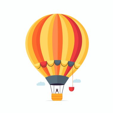 Parlak ve canlı bir sıcak hava balonu turuncu, kırmızı ve sarı şeritli açık bir gökyüzüne karşı huzur içinde süzülür. Sahne, sakin bir hava macerasının neşesini yakalar..