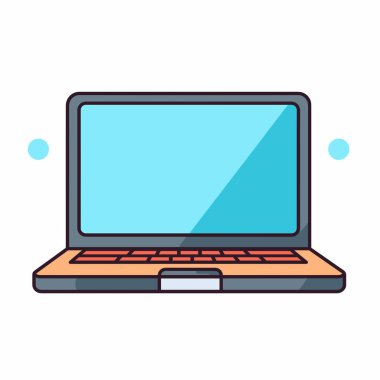 Canlı mavi ekranı ve şık turuncu klavyesi olan modern bir dizüstü bilgisayarı gösteren bir vektör grafiği. Bu tasarım, minimalist tarzda teknoloji ve üretkenliği temsil eder..