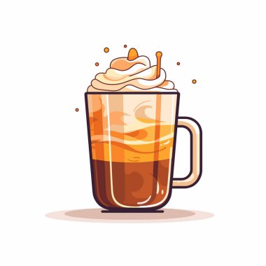 Canlı bir vektör sanatı, krem şanti ve çiselemeli koyu kahveyle dolu bir bardak tasvir eder. Görüntü, kahve sevenler için mükemmel, zengin ve davetkar bir içecek yakalıyor..