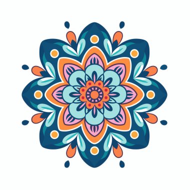 Canlı bir çiçekli mandala vitrinleri mavi, pembe ve turuncu desenleri karmaşıklaştırır. Simetrik tasarımda yapraklar, yapraklar ve ince damlacıklar harmonik bir görünüm oluşturur..